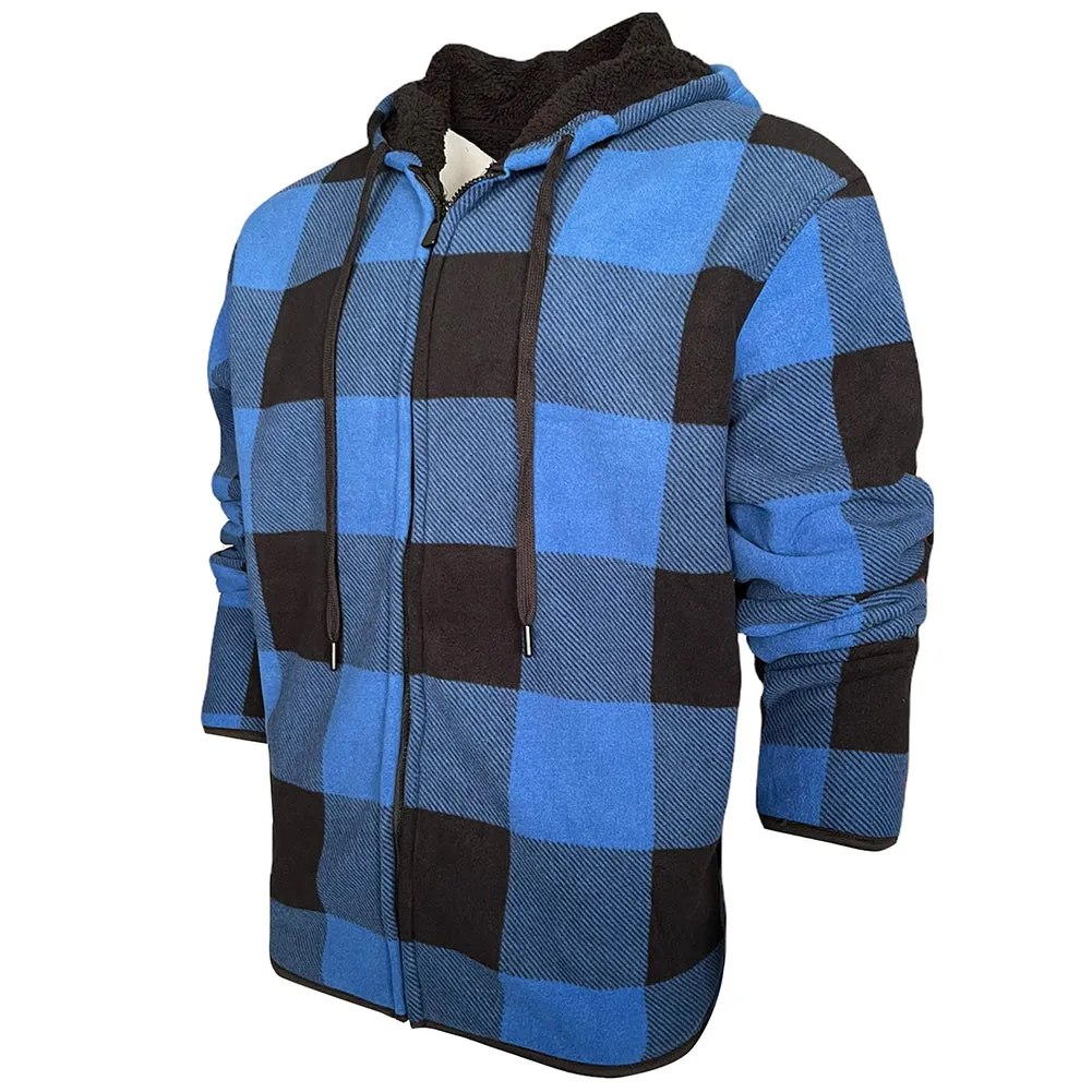 Men's Flannel Hoodie Sherpa Fleece Lined Plaid Zip Up Lightweight Jacket Casual