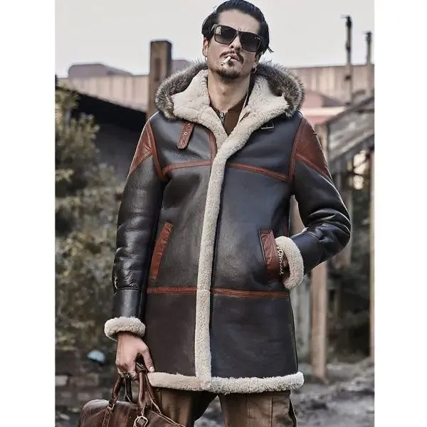 Men's Hooded Bomber Shearling Leather Trench Coat Jacket