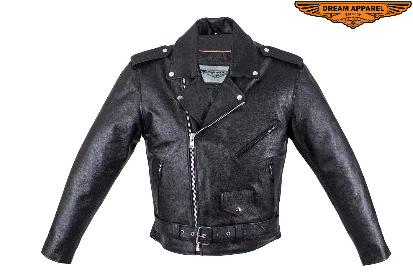 Mens Motorcycle Jacket With Snap Down Collar & Belt