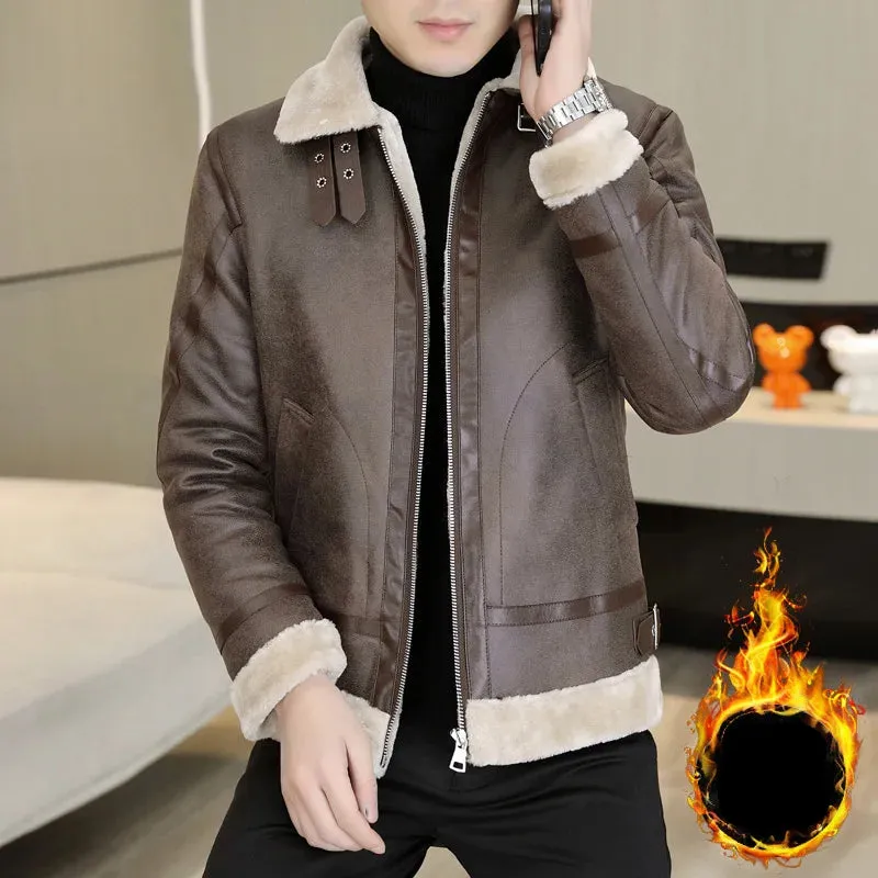 Men's Plus Velvet Padded Motorcycle PU  Leather Jacket