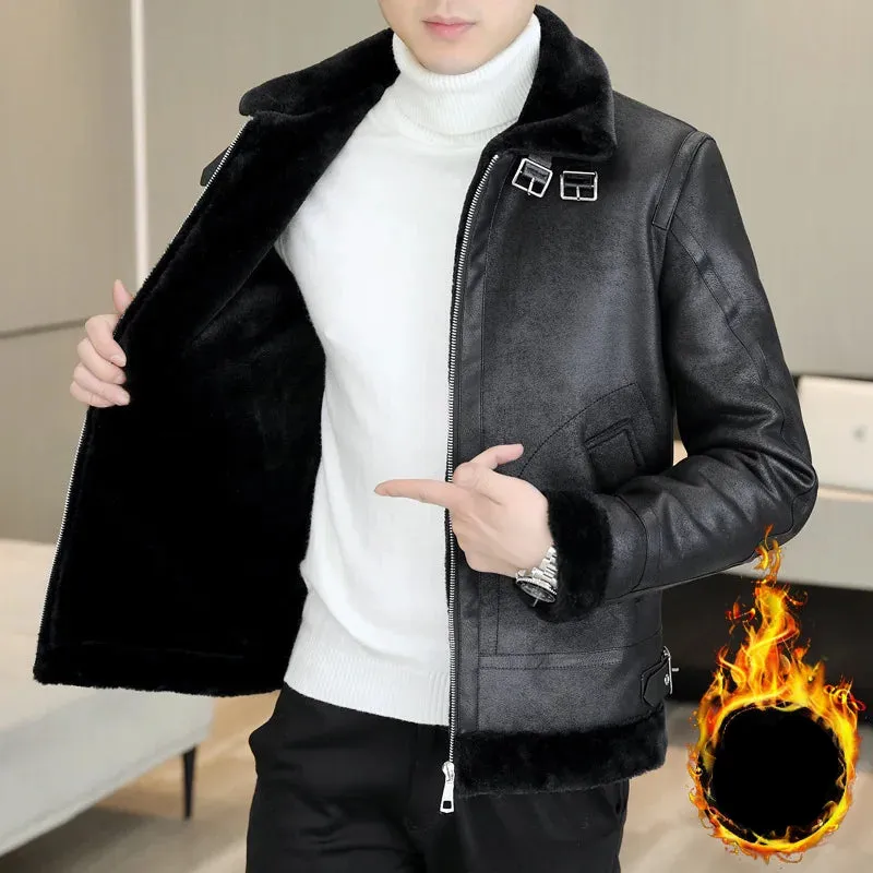 Men's Plus Velvet Padded Motorcycle PU  Leather Jacket