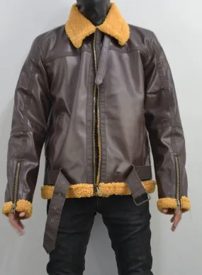 Mens Shearling Fur Bomber RAF Brown Real Leather Jacket