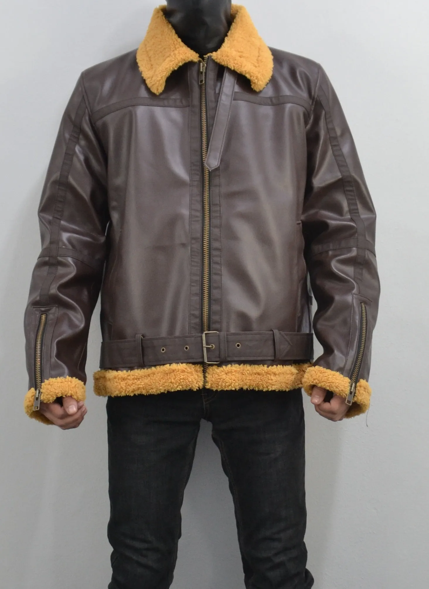 Mens Shearling Fur Bomber RAF Brown Real Leather Jacket