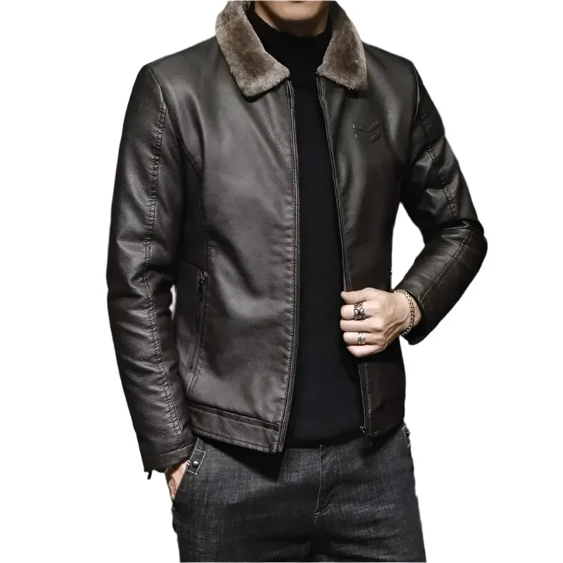 Men's Vintage Brown Leather Jacket - Winter Windproof Coat with Faux Fur Collar | Luxury Fashion Chaqueta de Cuero Hombre