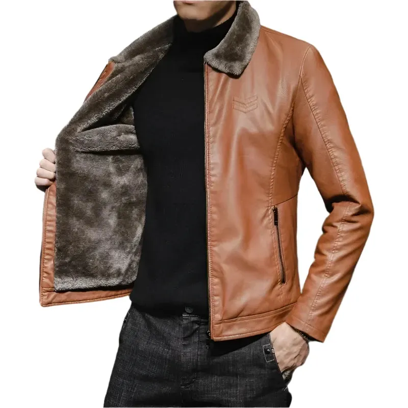 Men's Vintage Brown Leather Jacket - Winter Windproof Coat with Faux Fur Collar | Luxury Fashion Chaqueta de Cuero Hombre