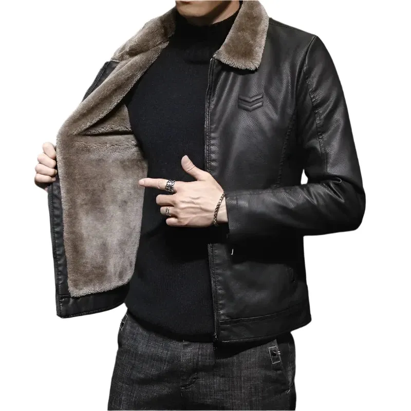 Men's Vintage Brown Leather Jacket - Winter Windproof Coat with Faux Fur Collar | Luxury Fashion Chaqueta de Cuero Hombre