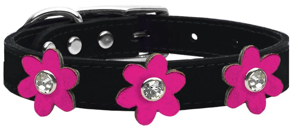 Metallic Flower Leather Collar Black With Metallic Pink Flowers Size 16