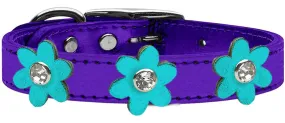 Metallic Flower Leather Collar Metallic Purple With Metallic Turquoise Flowers Size 24