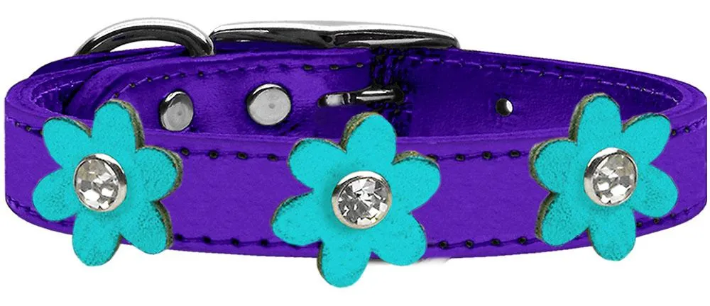 Metallic Flower Leather Collar Metallic Purple With Metallic Turquoise Flowers Size 24