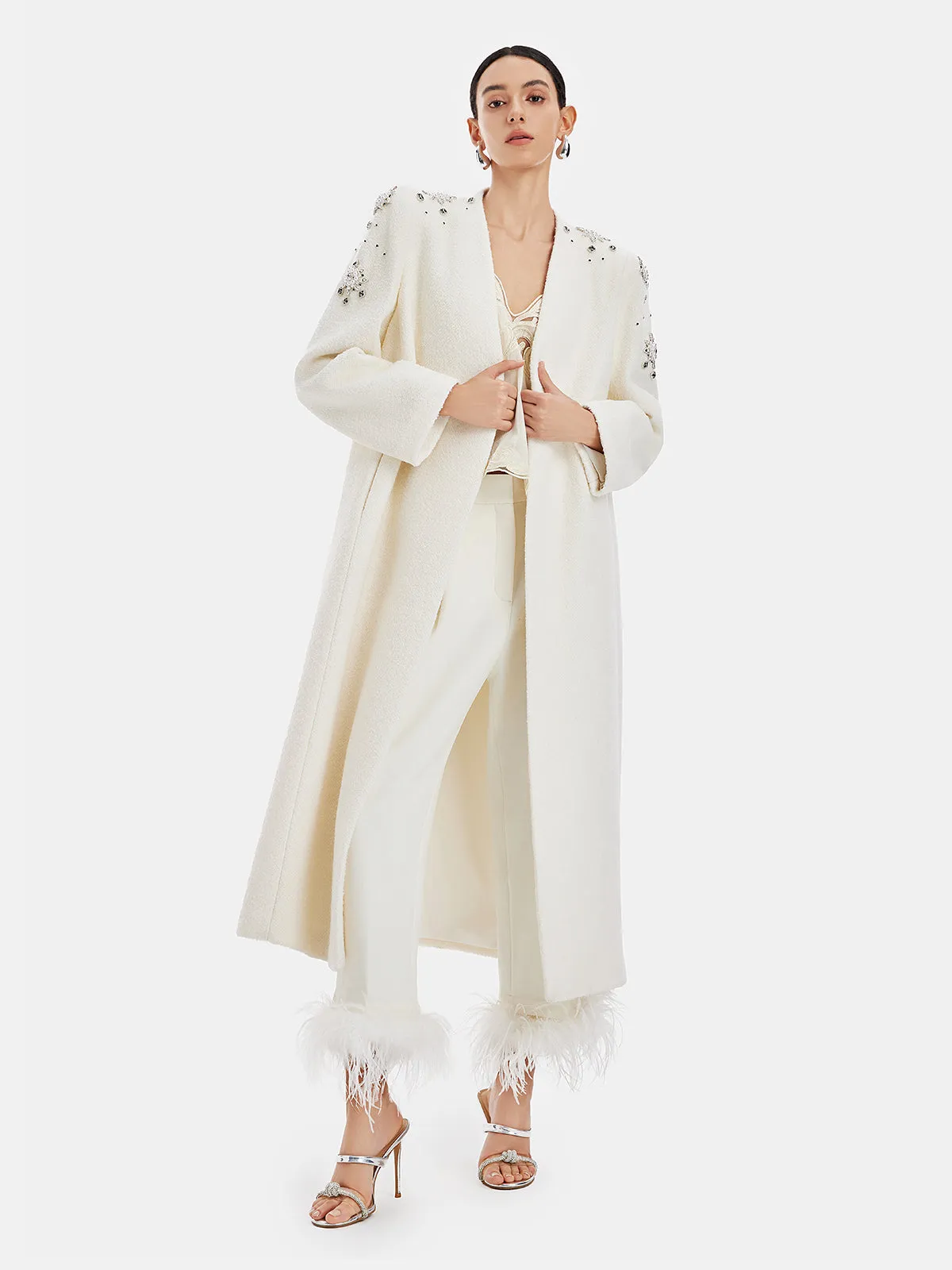 Minimalist Crystal Embellished Cashmere Coat