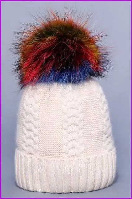 Multi Colored Raccoon Fur And Knited Hat DY1727