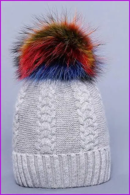 Multi Colored Raccoon Fur And Knited Hat DY1727