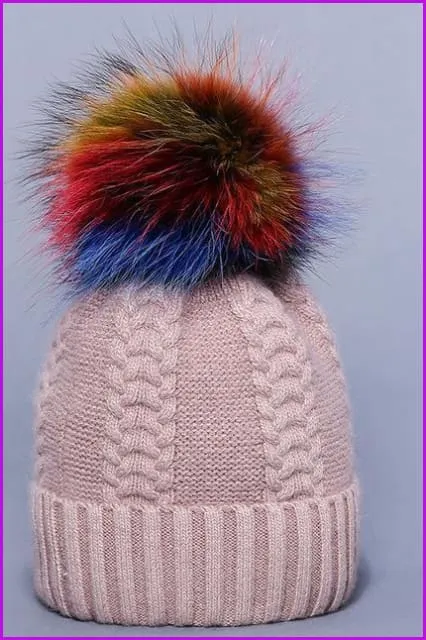 Multi Colored Raccoon Fur And Knited Hat DY1727