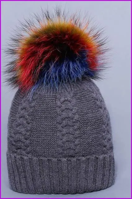 Multi Colored Raccoon Fur And Knited Hat DY1727