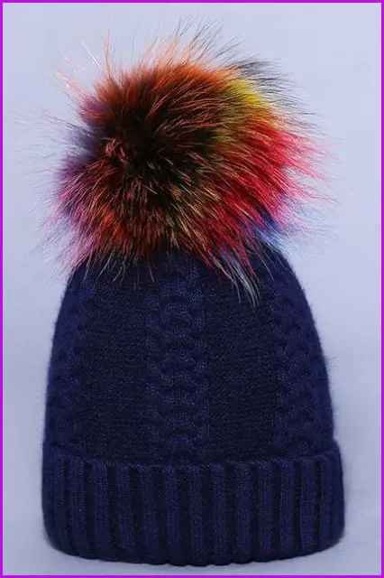 Multi Colored Raccoon Fur And Knited Hat DY1727