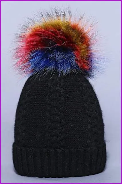 Multi Colored Raccoon Fur And Knited Hat DY1727