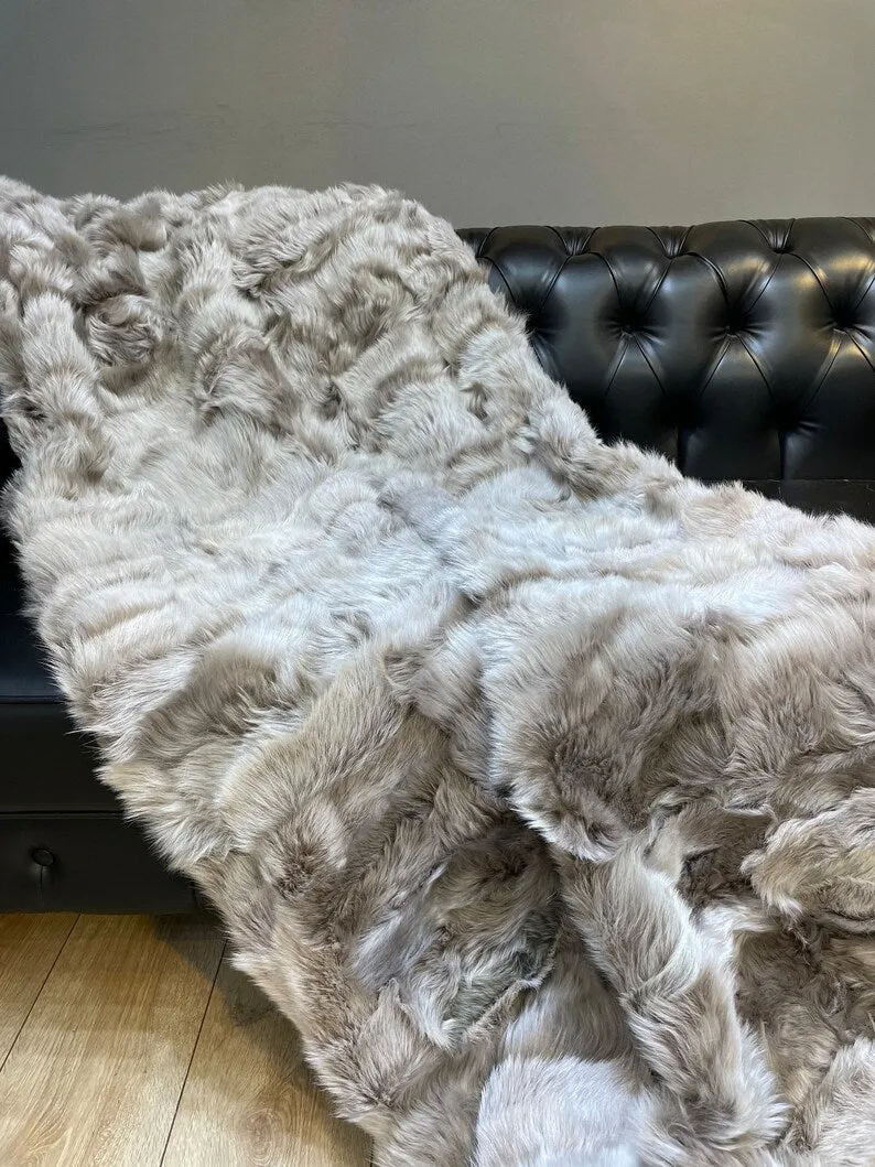 Natural Beige Real Sheepskin Blanket, Handmade Shaggy King Size Fluffy Throw