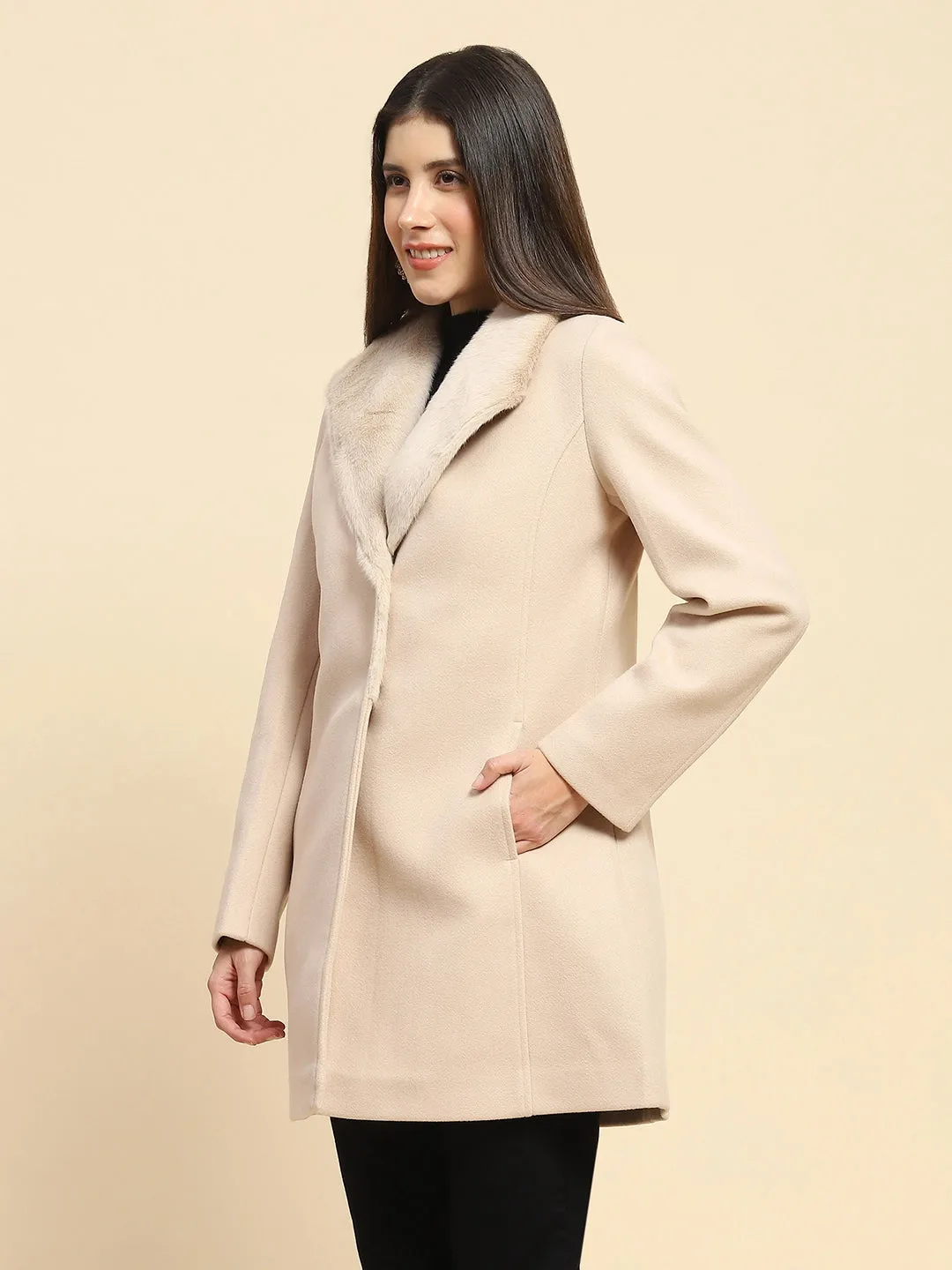 Nude Poly Blend Solid Regular Fit Long Coat For Winter