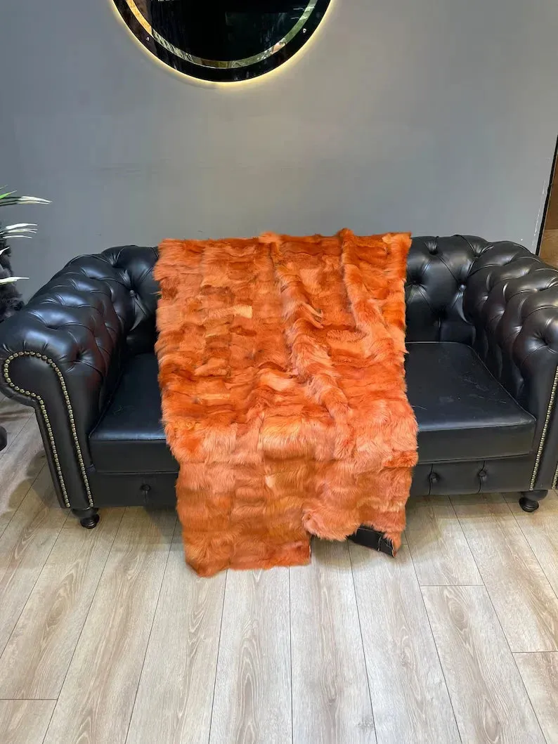 Orange Sheepskin Fur Fluffy Blanket, Elegant Natural Soft Fur Throw