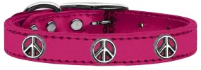 Peace Sign Widget Genuine Metallic Leather Dog Collar Pink 16