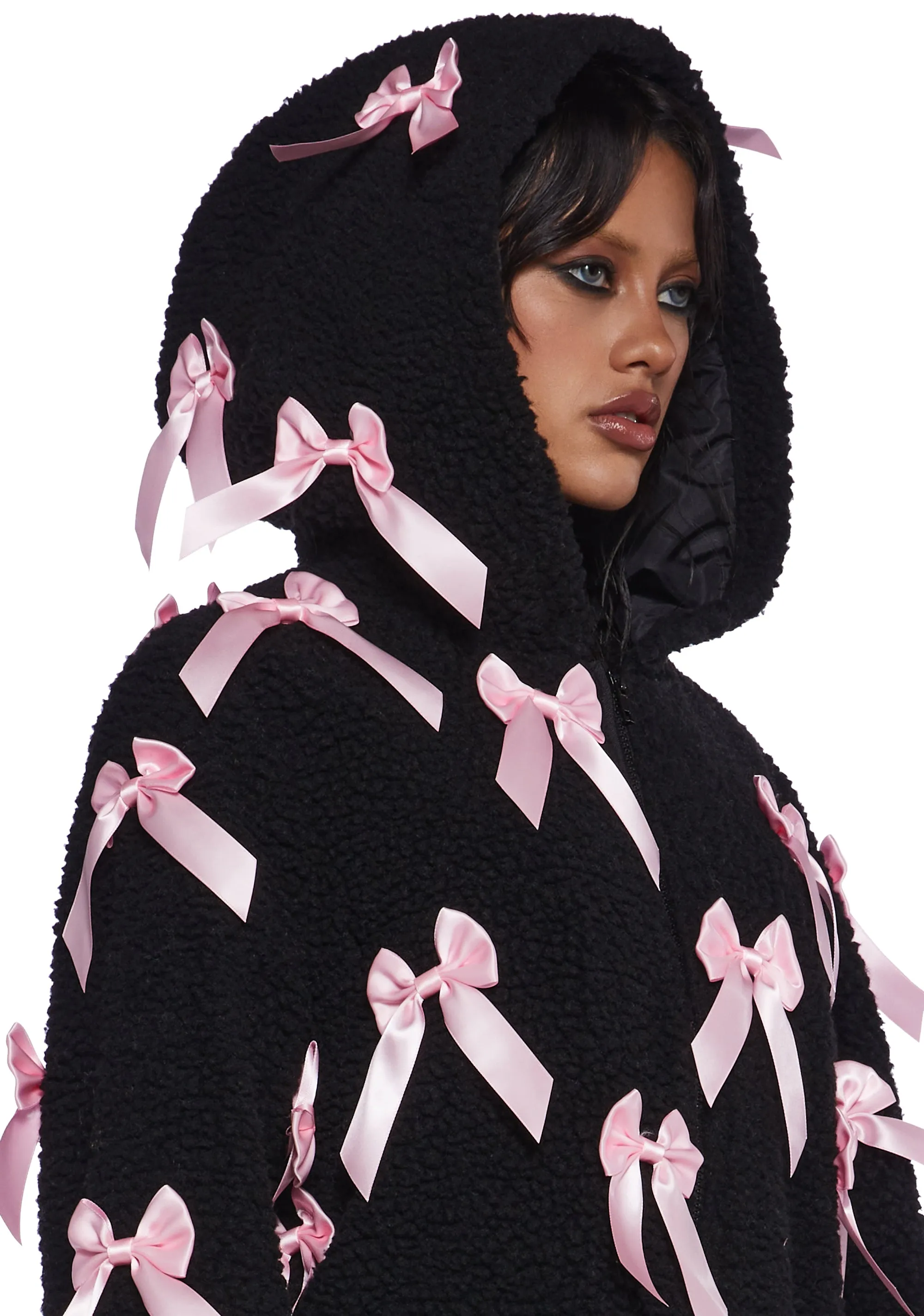 Pinky Promise Hooded Sherpa Jacket - Black