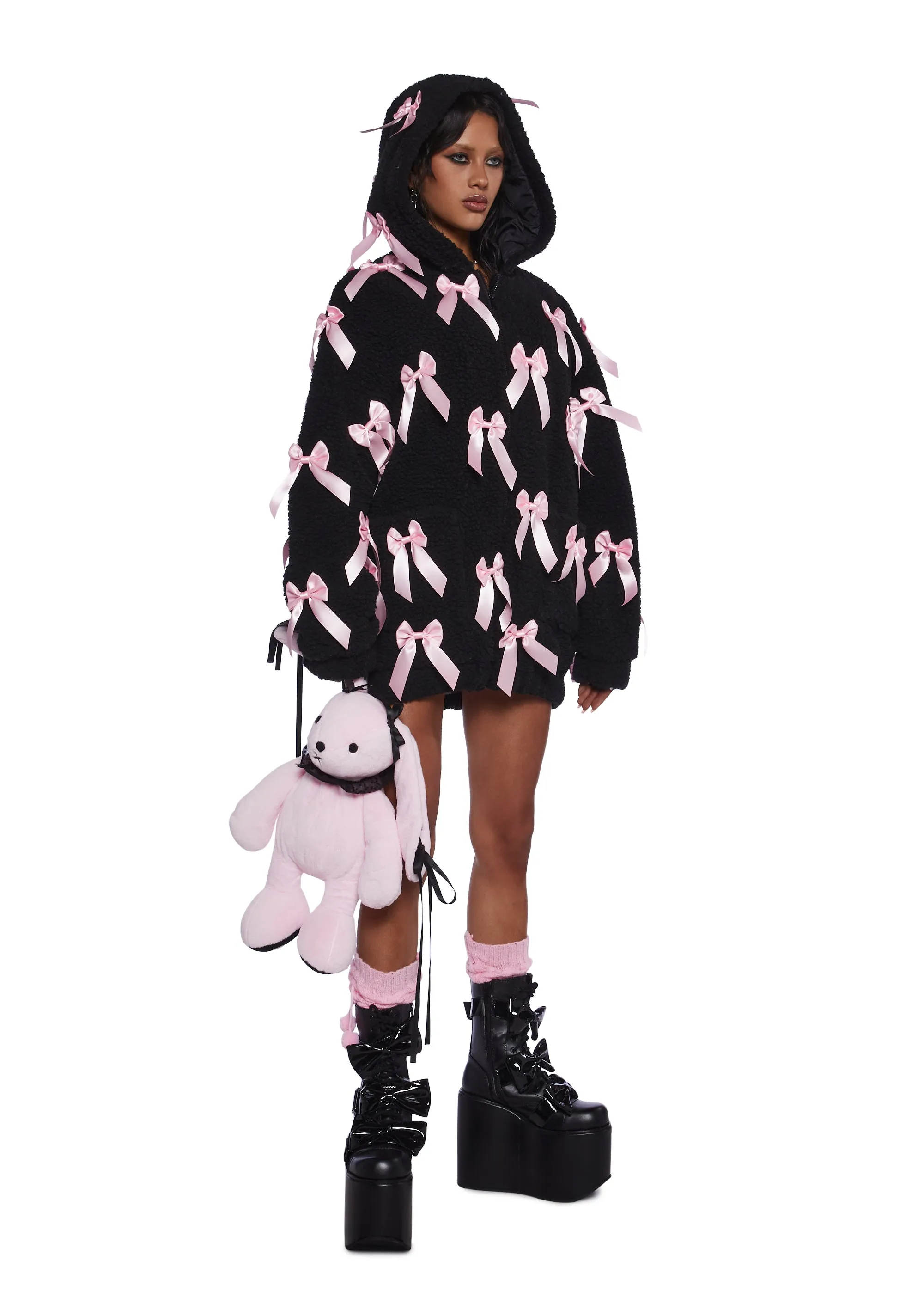 Pinky Promise Hooded Sherpa Jacket - Black