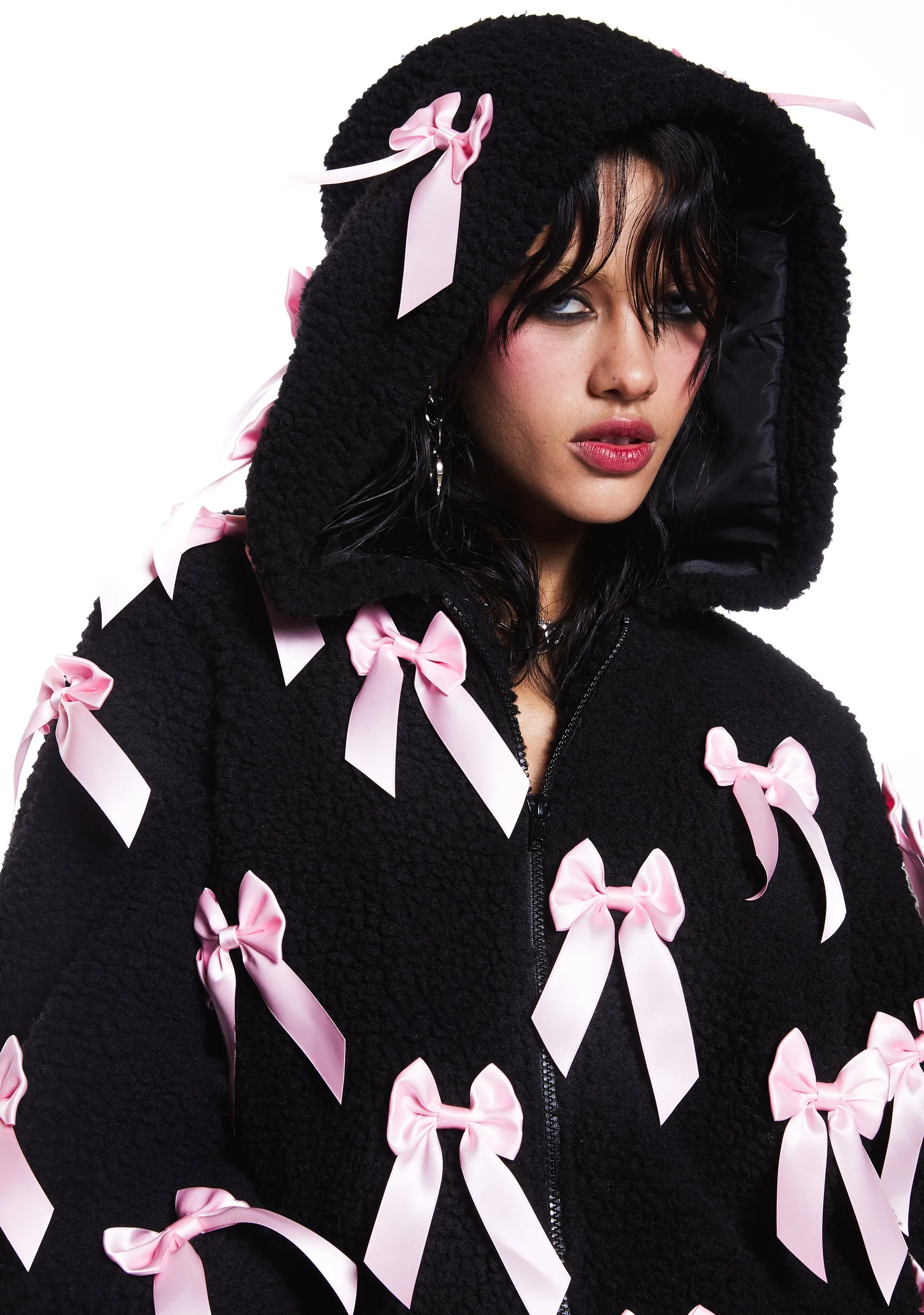 Pinky Promise Hooded Sherpa Jacket - Black