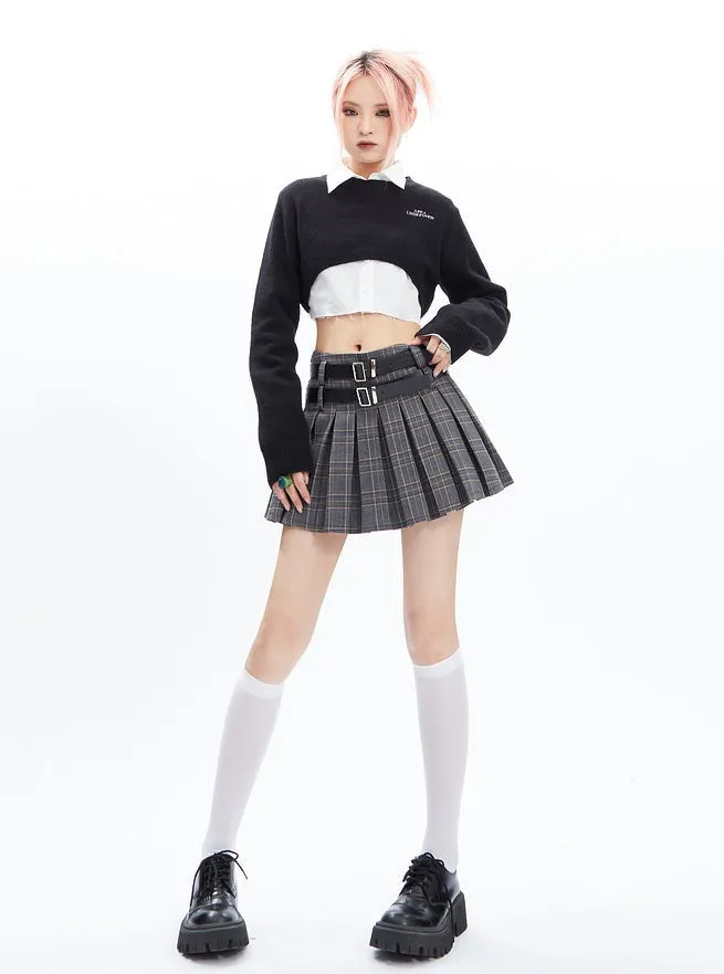 Plaid Pleated Mini Skirt with Double Buckle Belt