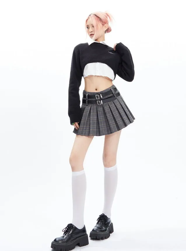 Plaid Pleated Mini Skirt with Double Buckle Belt