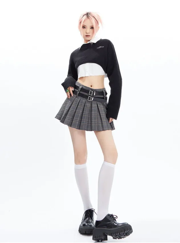 Plaid Pleated Mini Skirt with Double Buckle Belt