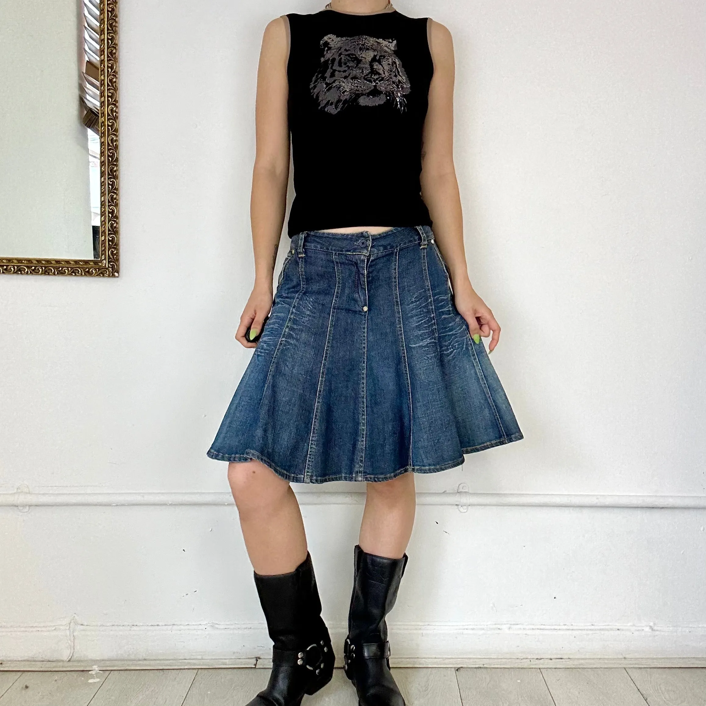 pleated denim mini skirt