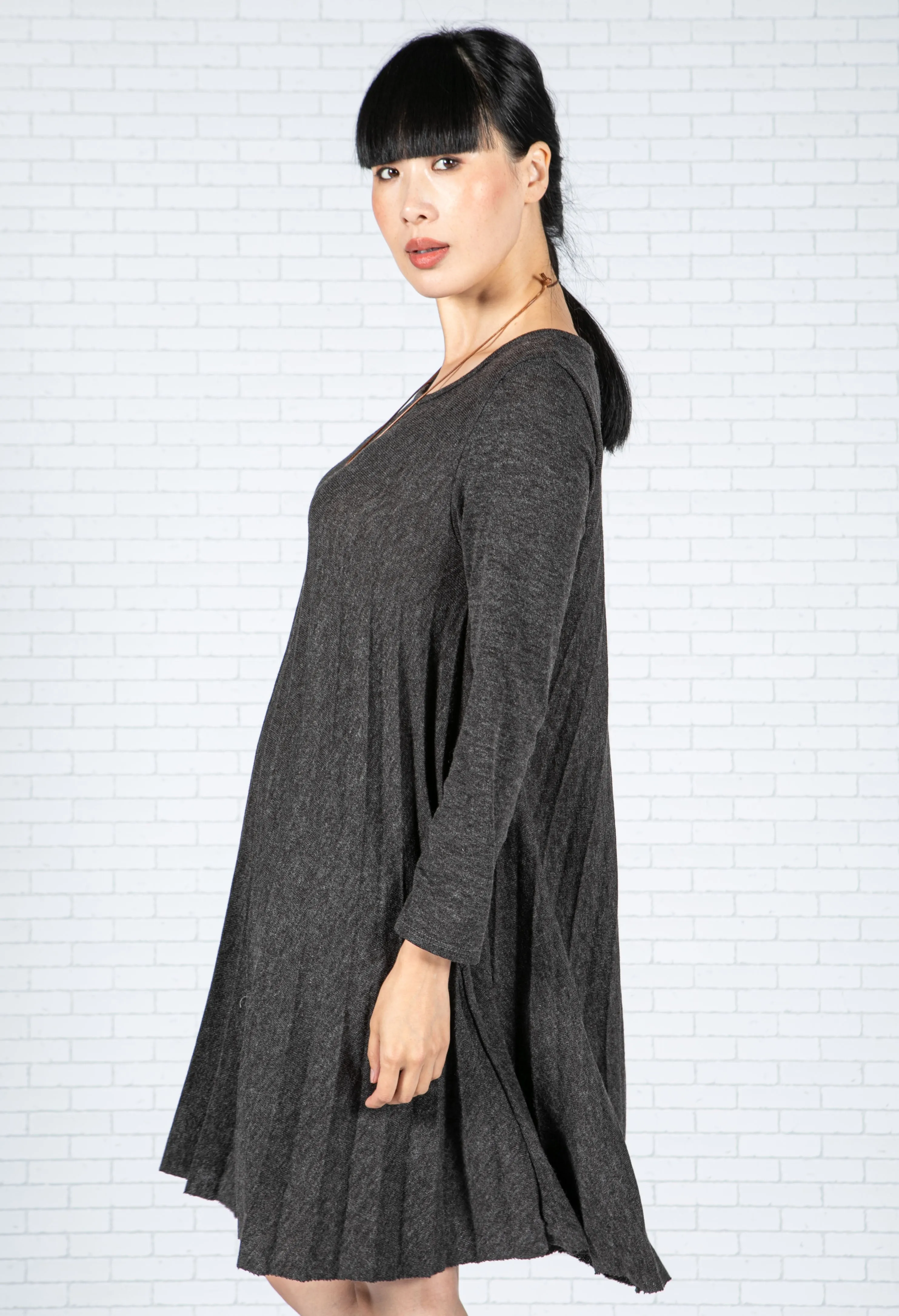 Pleated Knit Dress in Charcoal