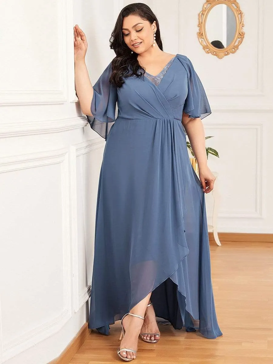 Plus Size V Neck Lotus Leaf Sleeves Chiffon Long Mother of The Bride Dresses