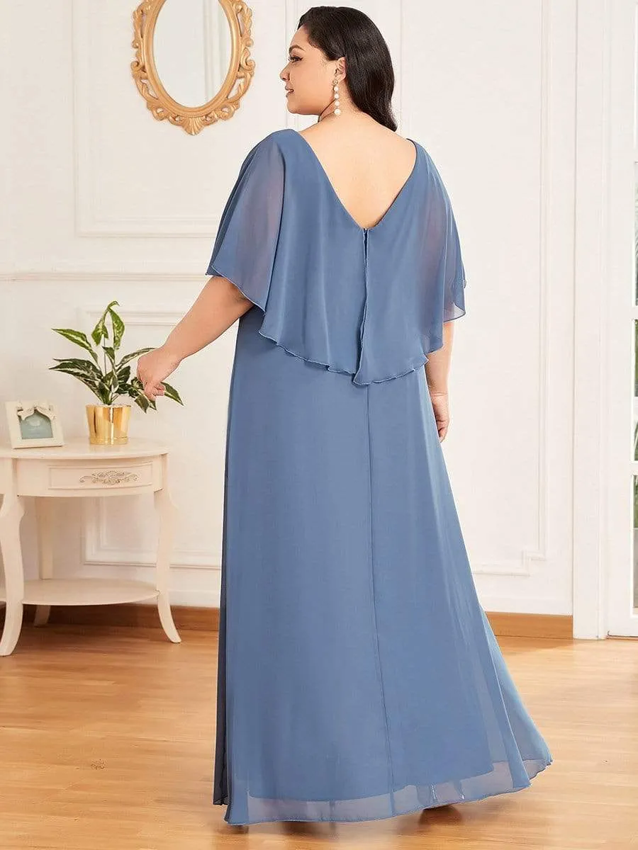 Plus Size V Neck Lotus Leaf Sleeves Chiffon Long Mother of The Bride Dresses