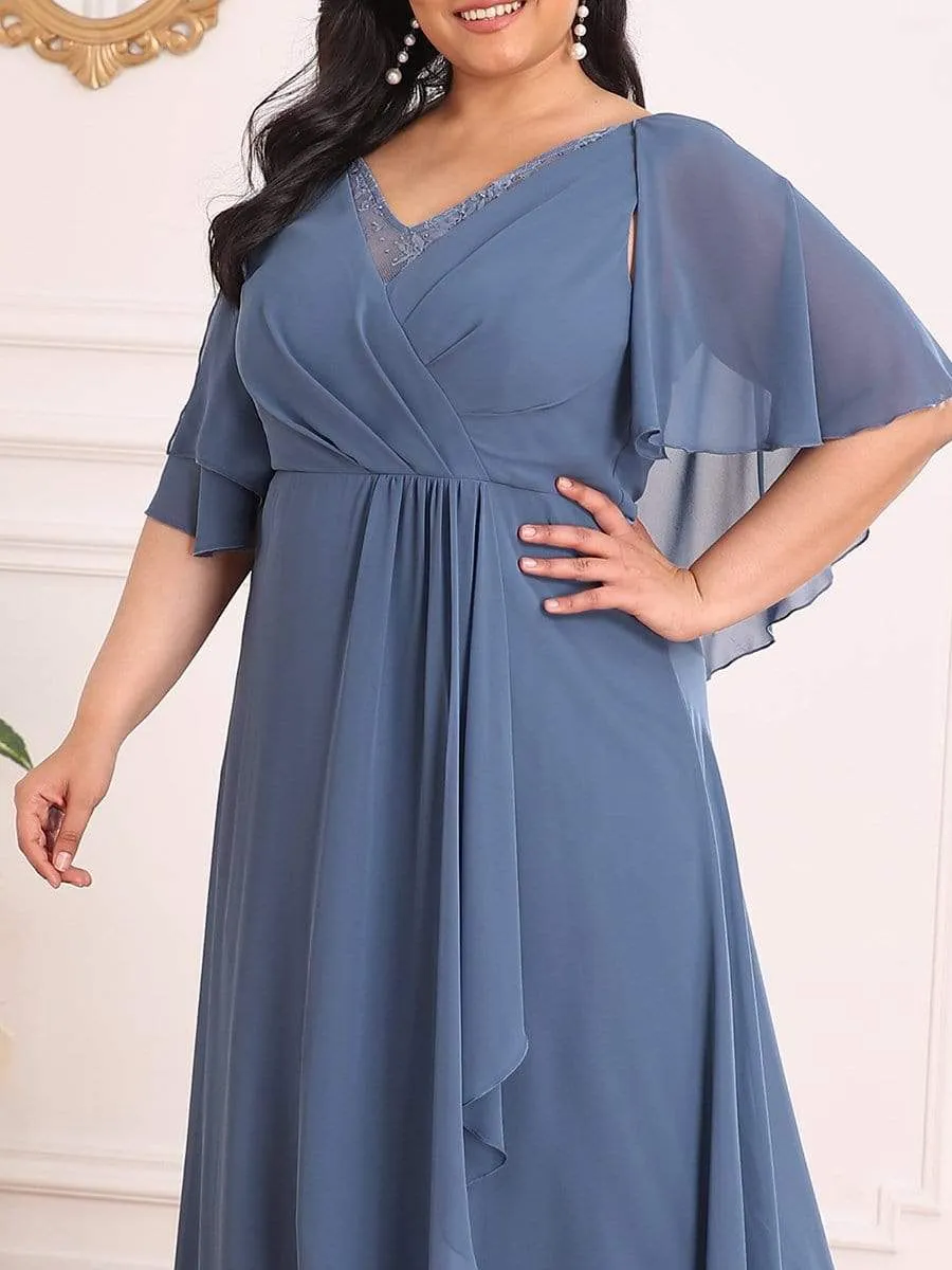 Plus Size V Neck Lotus Leaf Sleeves Chiffon Long Mother of The Bride Dresses