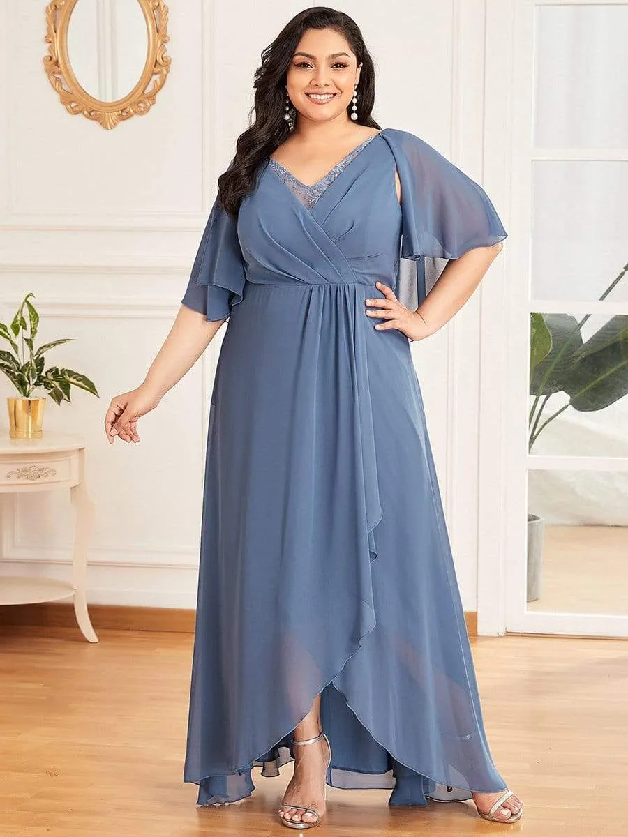 Plus Size V Neck Lotus Leaf Sleeves Chiffon Long Mother of The Bride Dresses