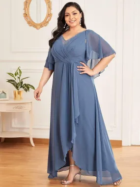 Plus Size V Neck Lotus Leaf Sleeves Chiffon Long Mother of The Bride Dresses