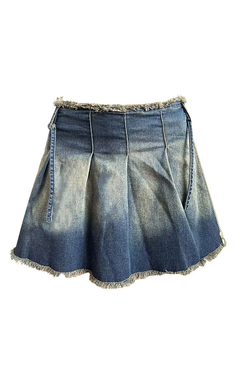 QM0528 Pleated Denim Skirt