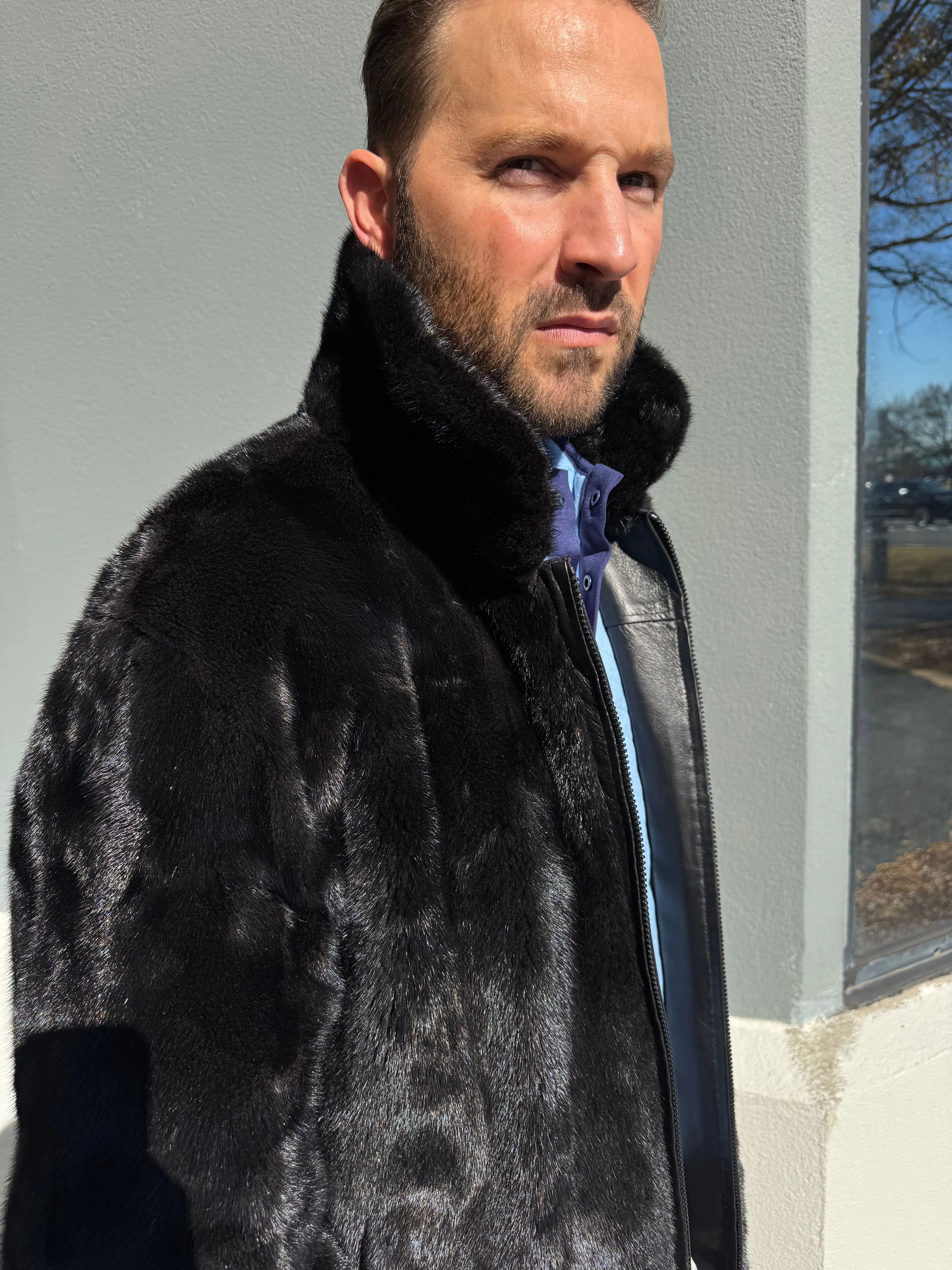 Reversible Men’s Mink Fur to Leather Bomber Jacket