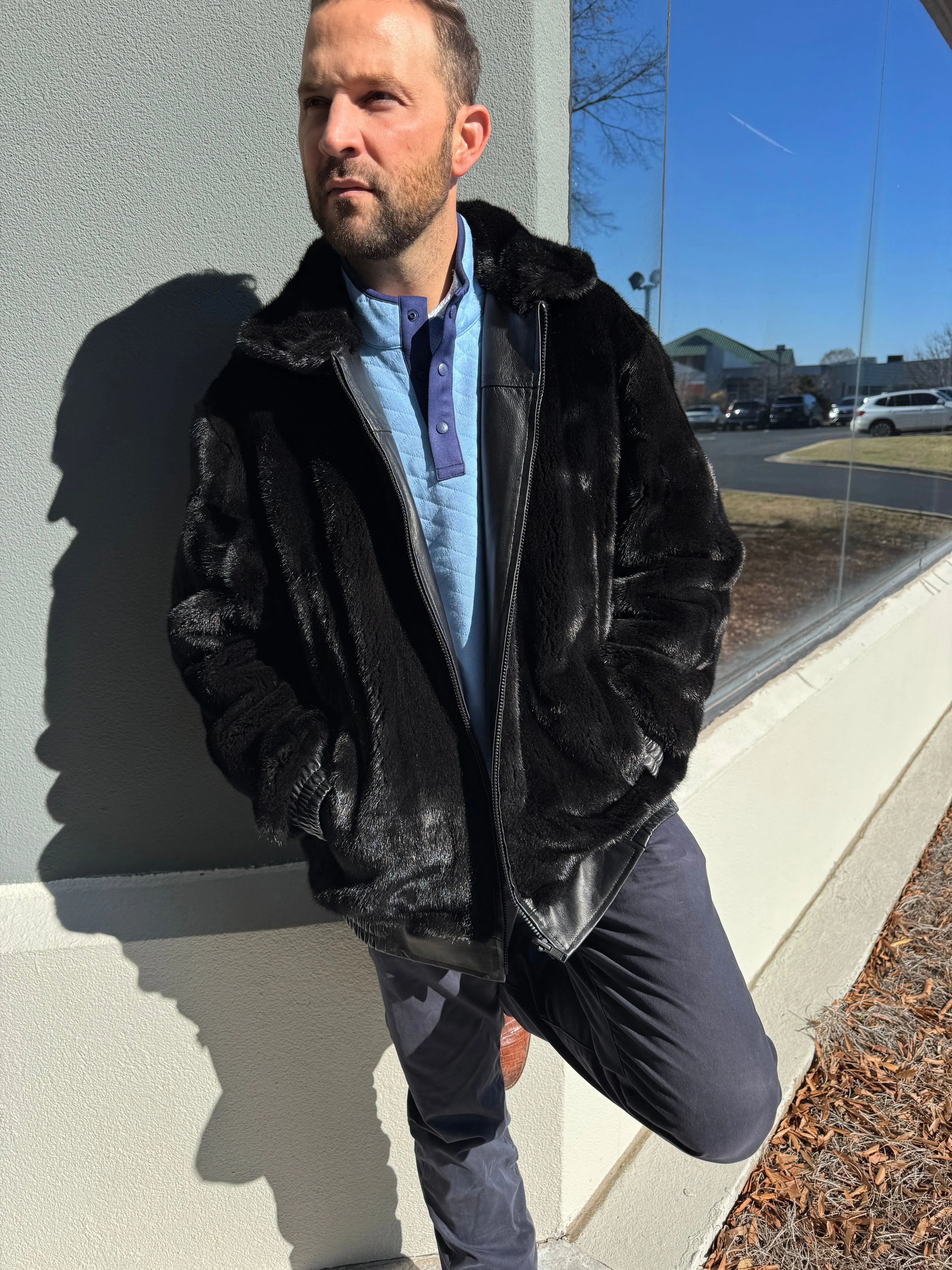 Reversible Men’s Mink Fur to Leather Bomber Jacket