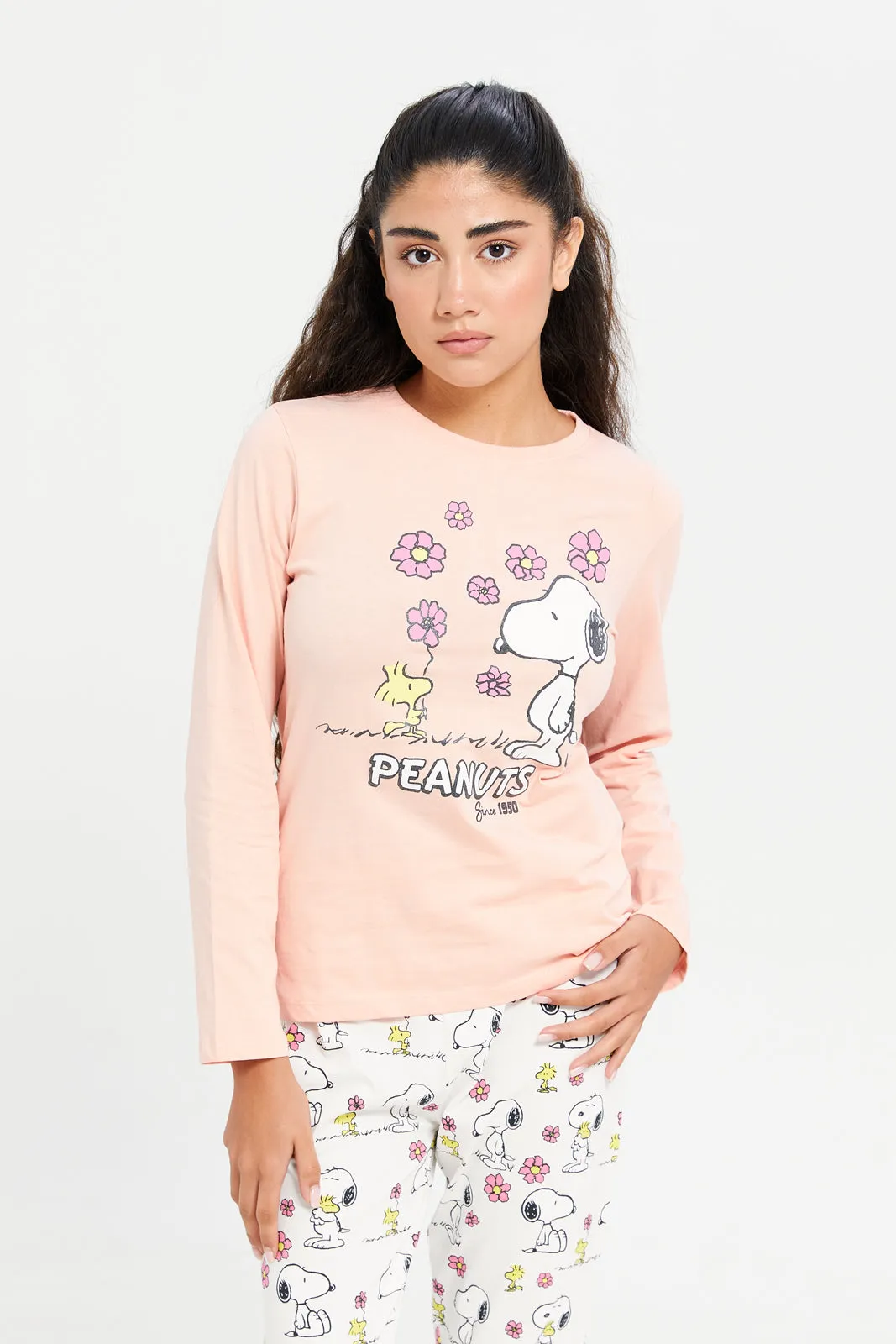 Senior Girls Apricot And White Snoopy Print Pajama Set (2 Piece)