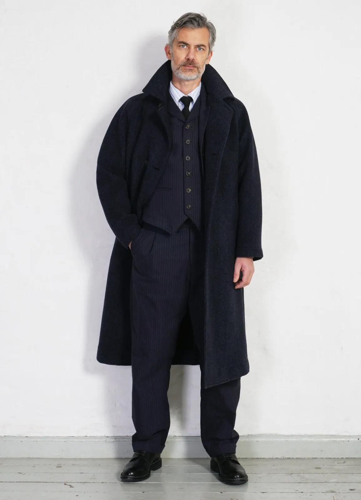 SIGFRED | Long Double Face Wool Coat | Blue Herringbone