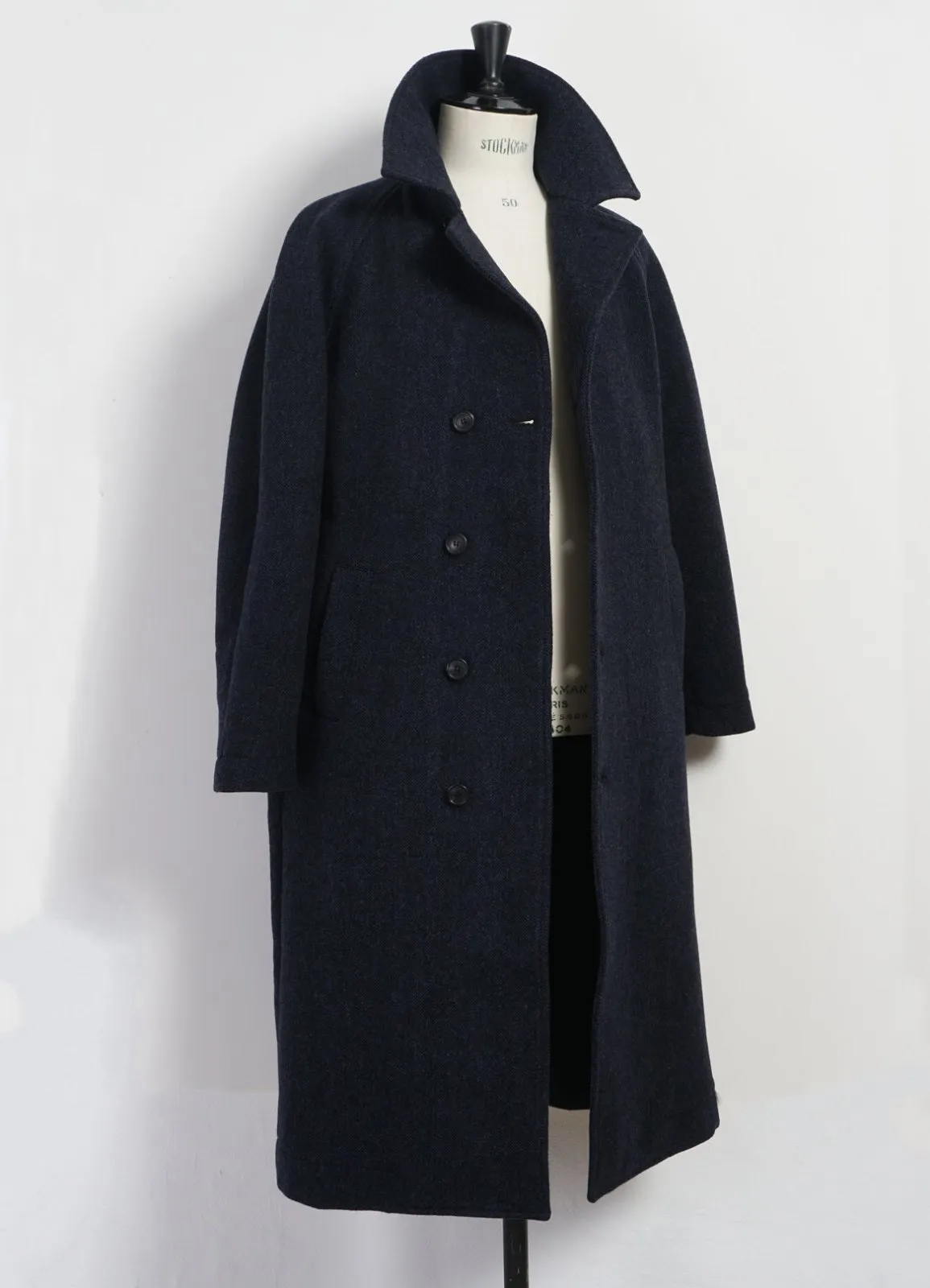 SIGFRED | Long Double Face Wool Coat | Blue Herringbone