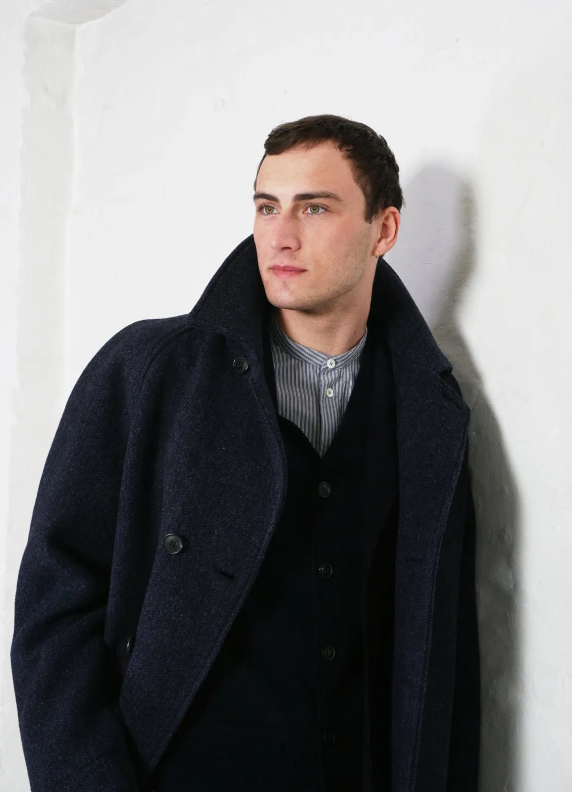 SIGFRED | Long Double Face Wool Coat | Blue Herringbone