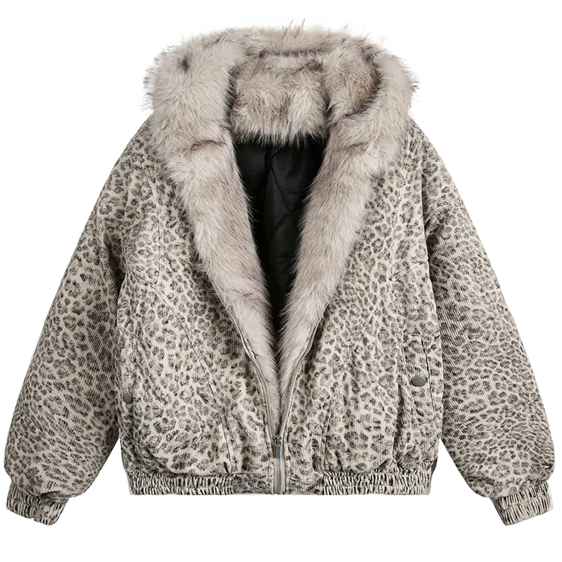 'Snow Leopard' Fur Trim Insulated Zip Up Hoodie