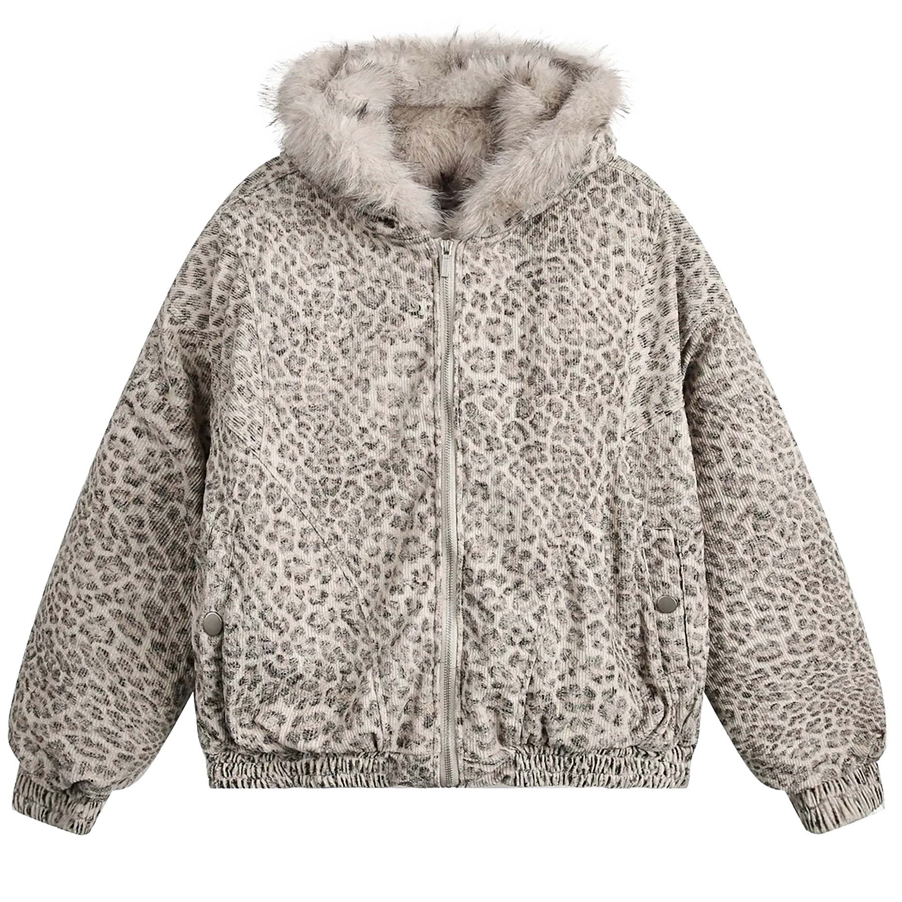 'Snow Leopard' Fur Trim Insulated Zip Up Hoodie