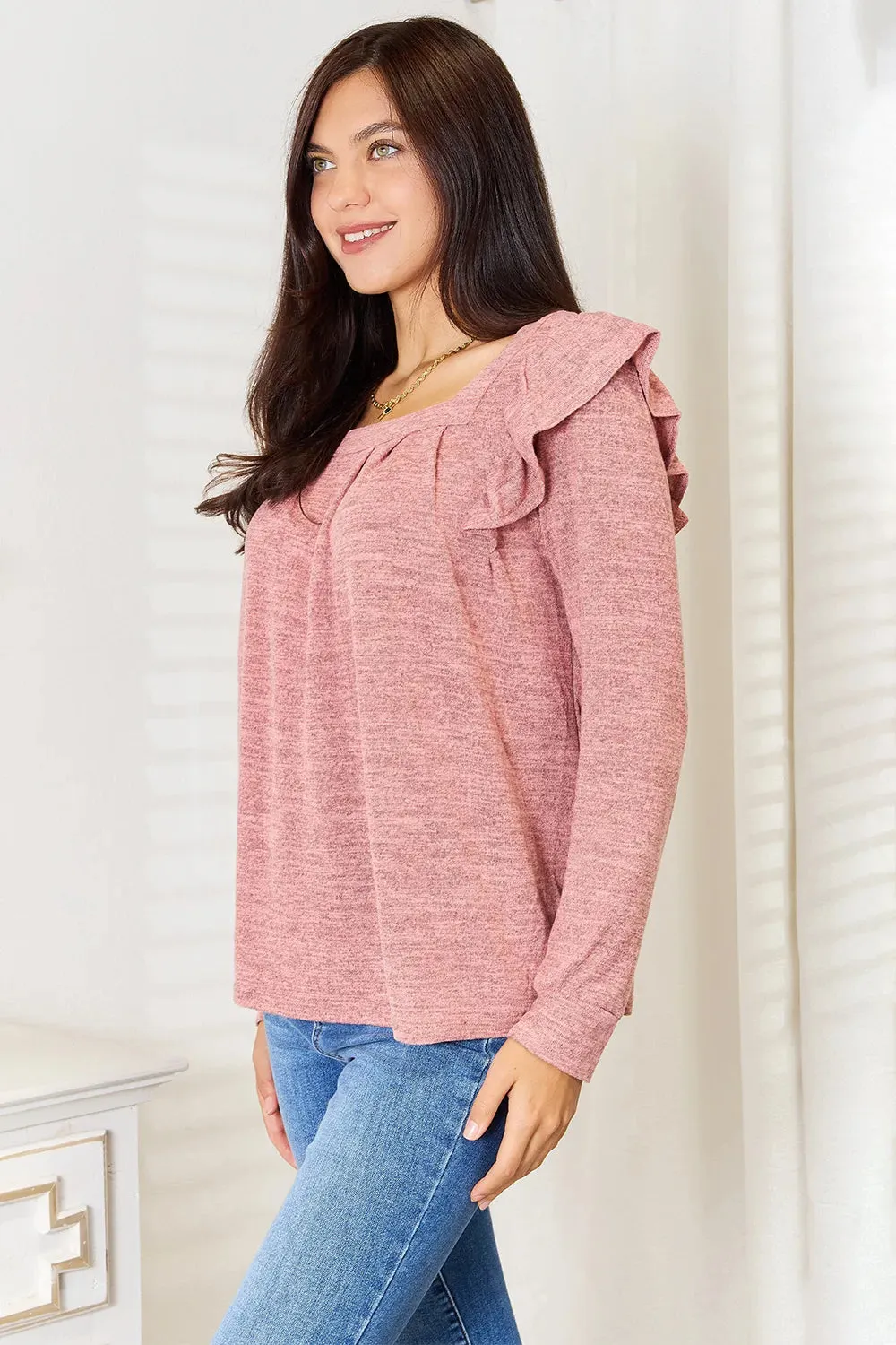 Square Neck Ruffle Shoulder Long Sleeve T-Shirt