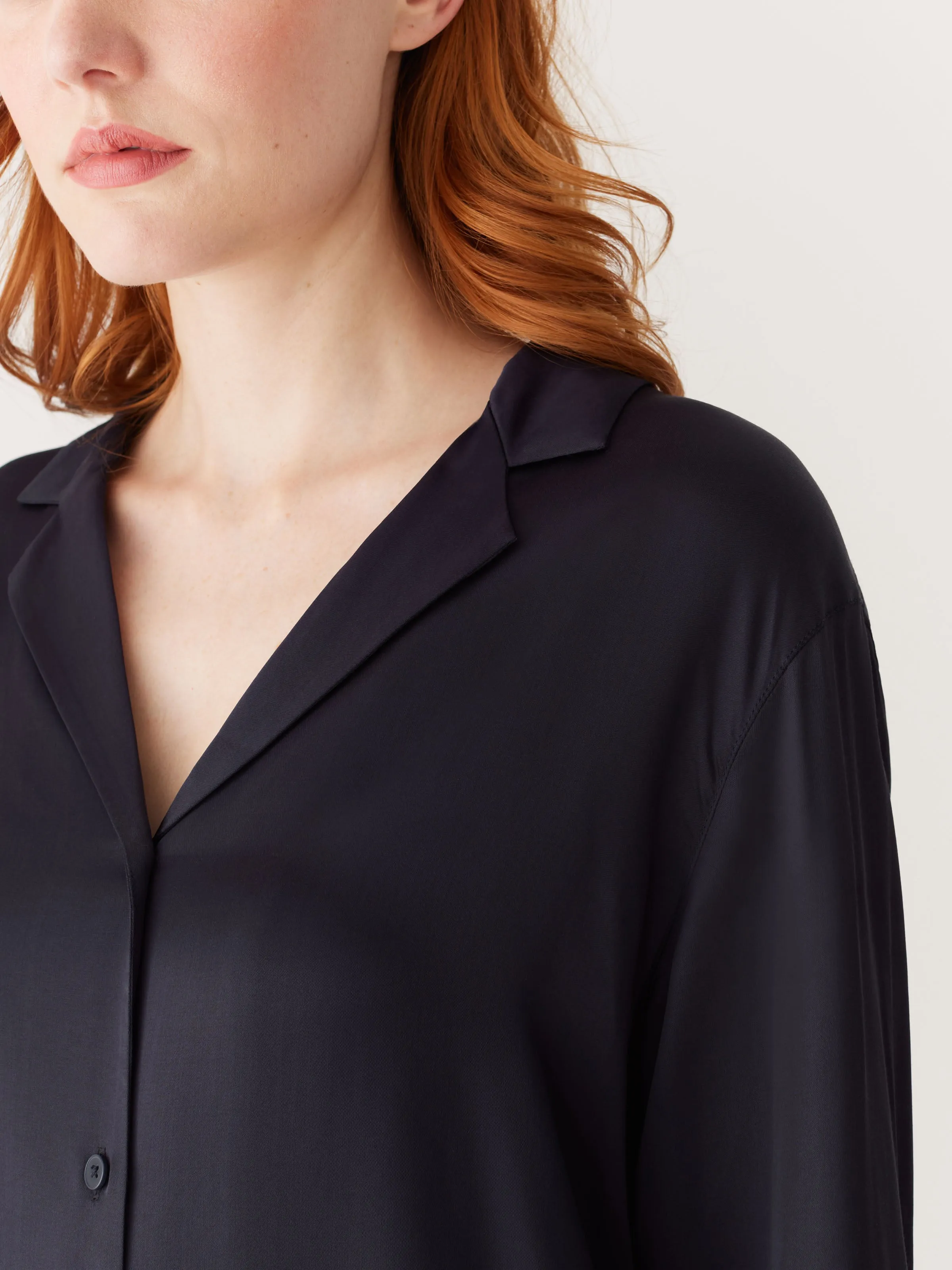 The Satin Camp Collar Blouse in Dark Blue