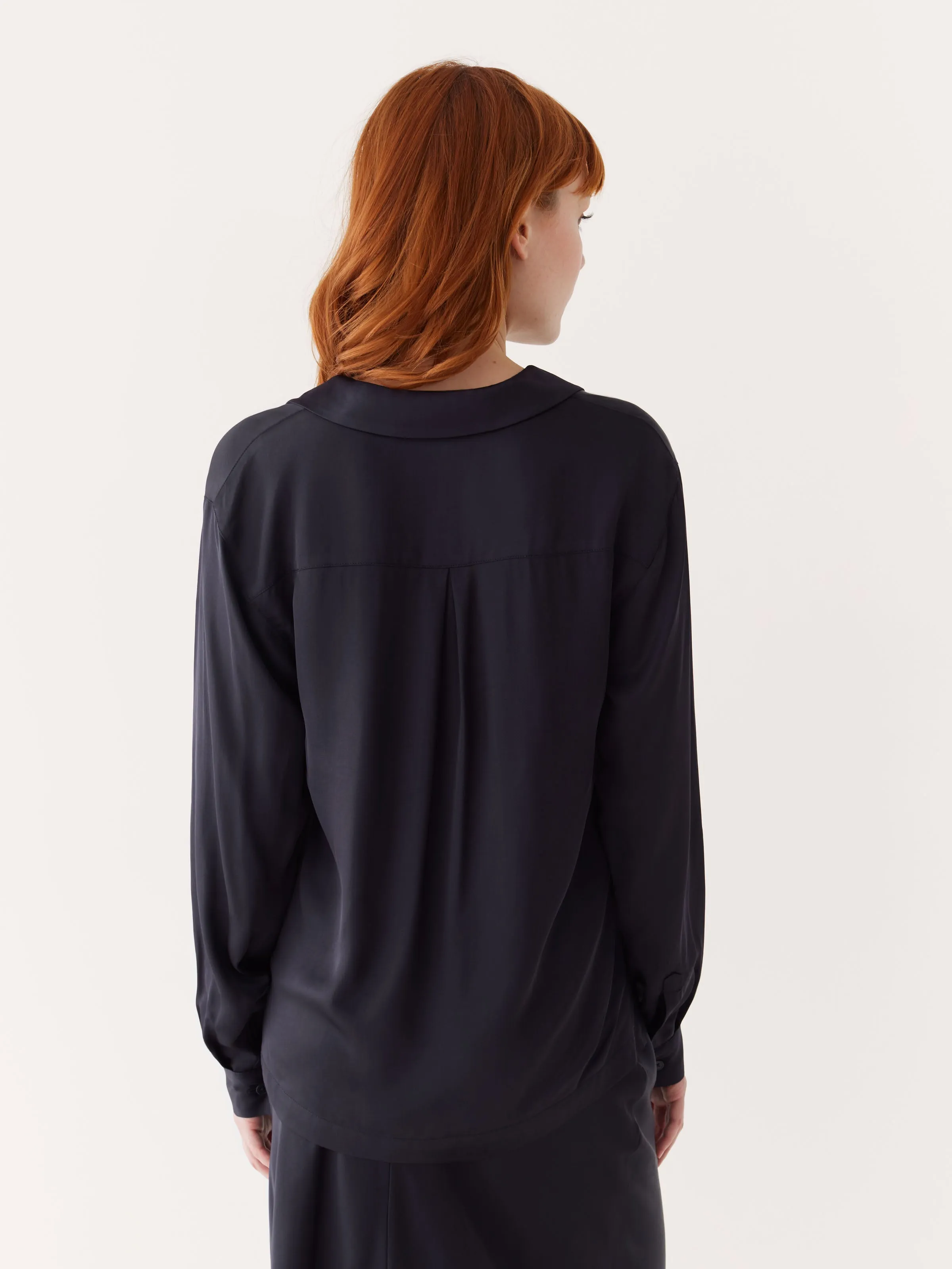 The Satin Camp Collar Blouse in Dark Blue