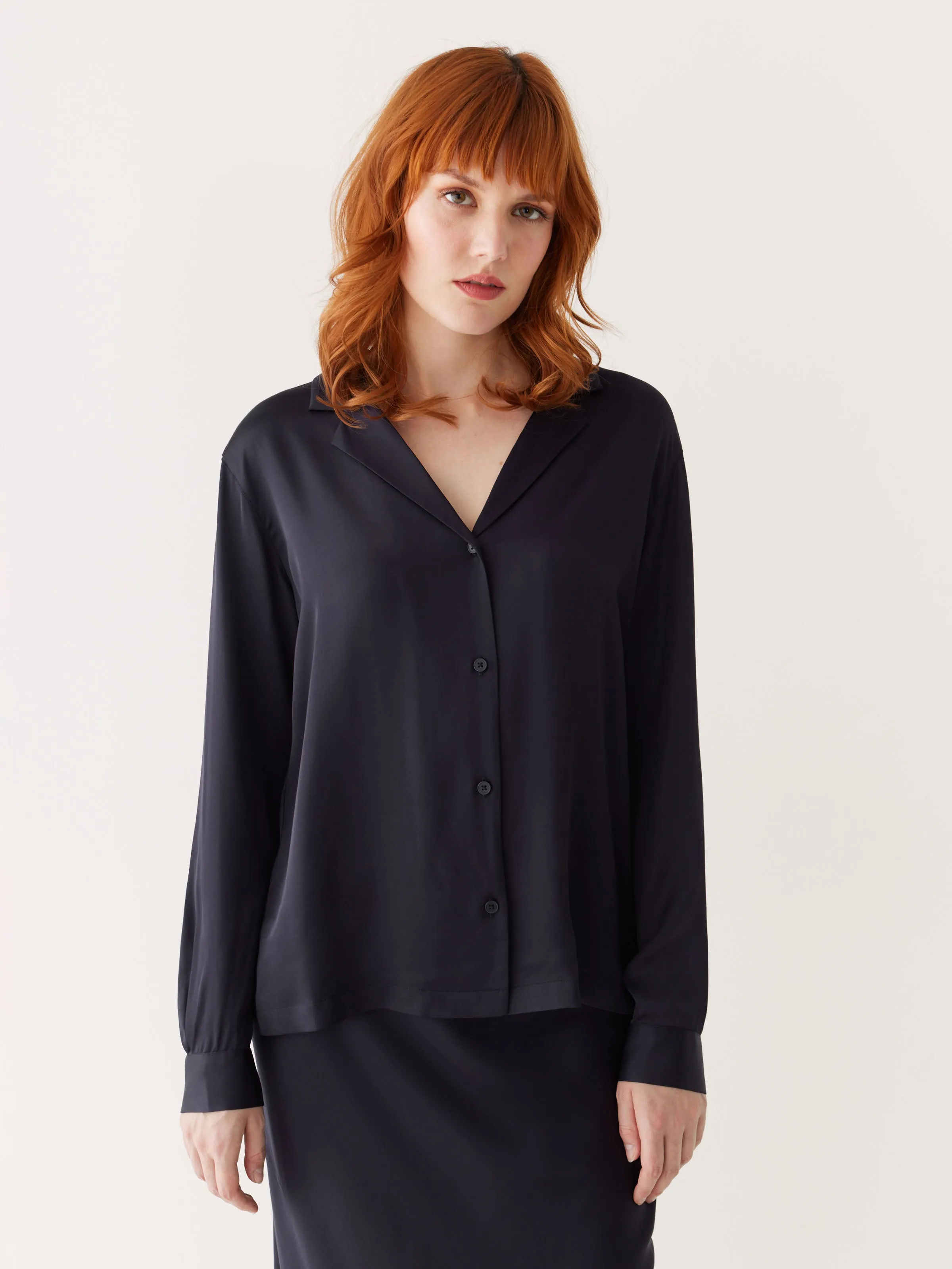 The Satin Camp Collar Blouse in Dark Blue